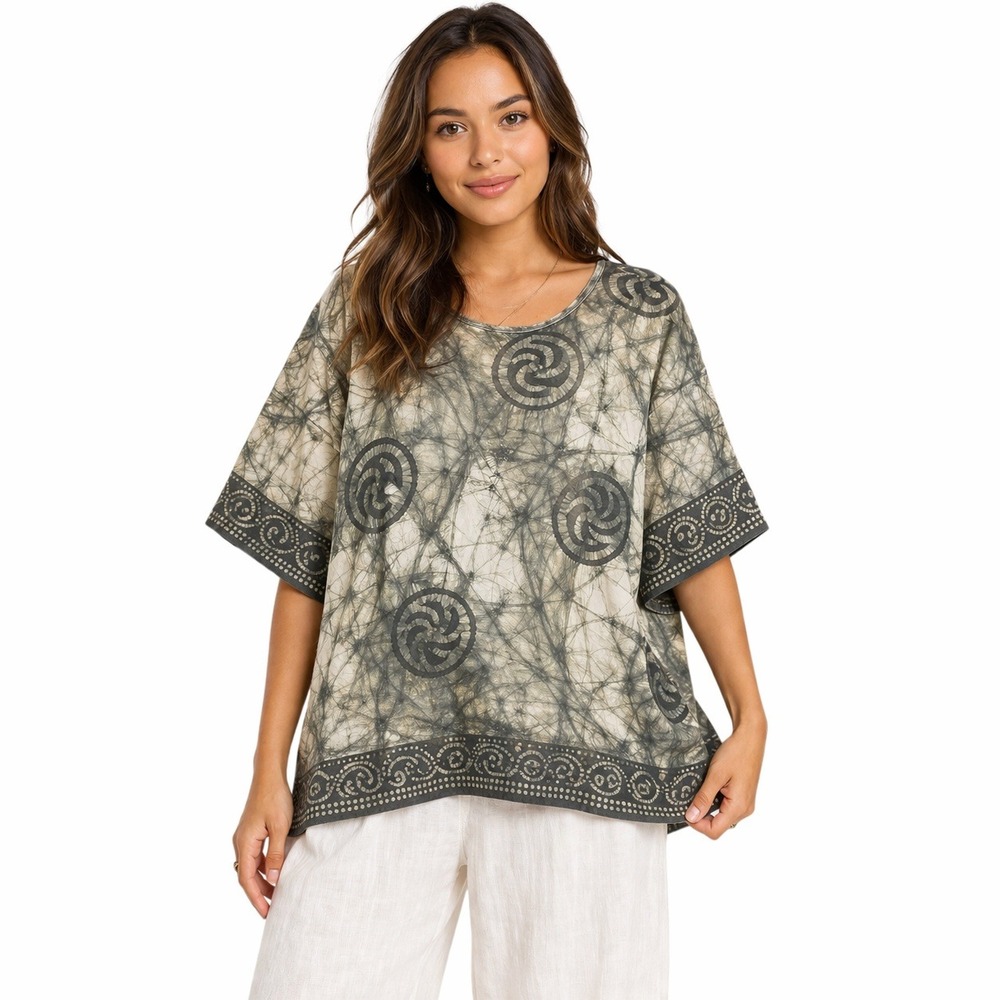 Ulla Popken Shirt Womens OS Batik Tunic Olive Tie Dye Mandala‎ Short Sleeve Boho